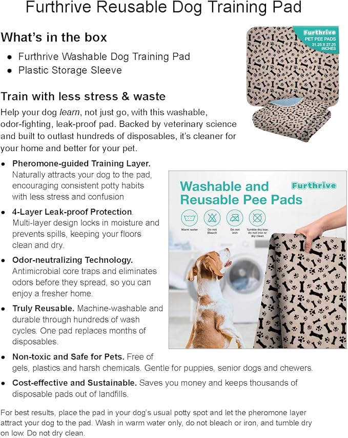 Furthrive Washable Pee Pads for Dogs with Pheromone Attraction, Reusable Puppy Pads, Waterproof Non-Slip Training Pad, 31.25 × 27.25 in, Pet-Friendly for Crates, Apartments, Puppy Supplies (One Unit)
