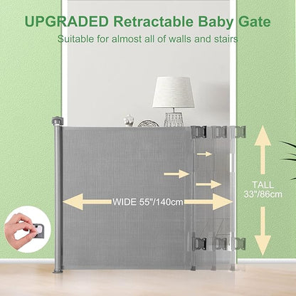 Retractable Baby Gate, Extra Wide Safety Kids or Pets Gate, 33” Tall, Extends to 55” Wide, Mesh Safety Dog Gate for Stairs, Indoor, Outdoor, Doorways, Hallways(33”x55”- Grey)