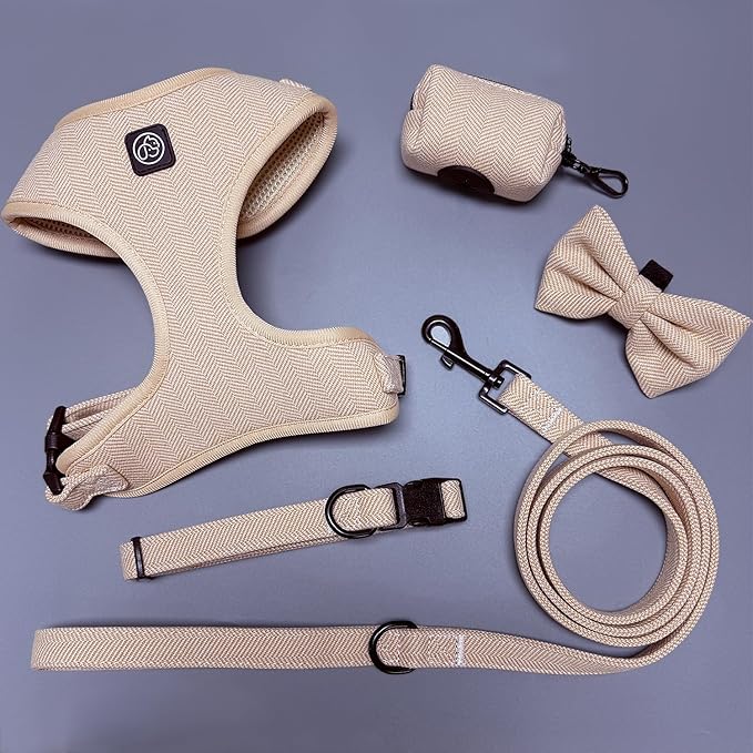 EVERKING 5-Piece Dog Travel Set, Adjustable Harness, Leash, Collar, Poop Bags, Bowtie for Small Medium Dogs, Beige, Breathable No-Pull Design (Beige, L)