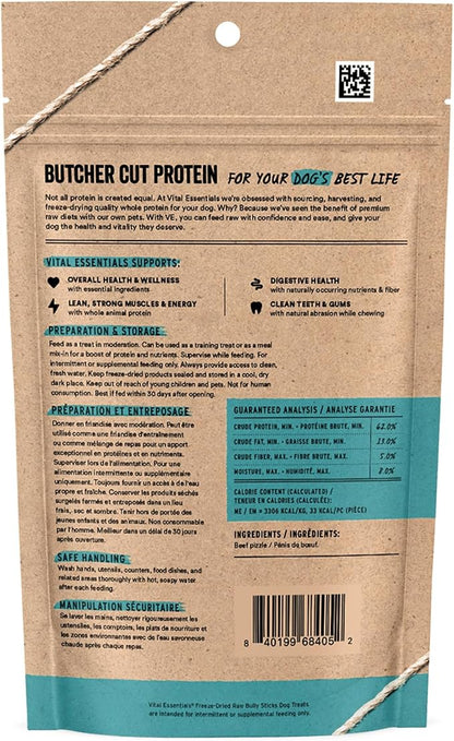 Vital Essentials Freeze Dried Bully Sticks Dog Treats | Premium Quality, Long Lasting | Grain Free Treats for Dogs, (3 Count) 1.4 oz Bag