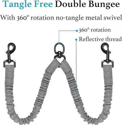 iYoShop Dual Dog Leash - 360° Swivel, No Tangle Walking Leash with Shock Absorbing Bungee for Two Dogs (Large, 25-150 lbs, Grey)