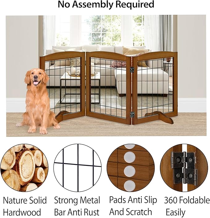 LZRS 3-Panel Freestanding Adjustable Wooden Dog Gate—30" Tall Foldable Pet Barrier with Support Feet, Chew-Resistant Solid Hardwood & Steel Wire Safety Fence for Doorways, Hallways, and Stairs, Cherry