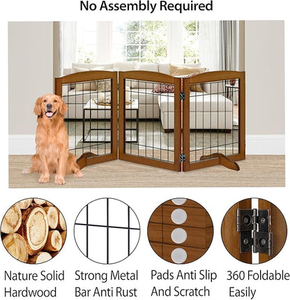 LZRS 3-Panel Freestanding Adjustable Wooden Dog Gate—30" Tall Foldable Pet Barrier with Support Feet, Chew-Resistant Solid Hardwood & Steel Wire Safety Fence for Doorways, Hallways, and Stairs, Cherry