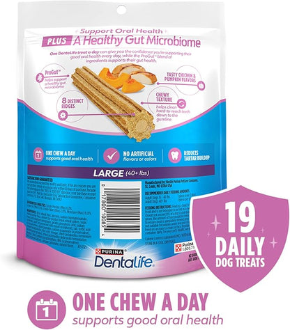 DentaLife Plus Digestive Support Dog Treats for Large Dogs 40 lbs. and up, Cleans Teeth, Freshens Breath, & Supports Healthy Gut, Chicken & Pumpkin Flavor, 22.6 oz., 19 Chews - 19 ct. Pouch