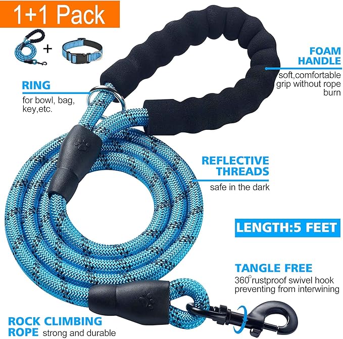 Ladoogo Reflective Dog Collar Padded with Soft Neoprene Breathable Adjustable Nylon Dog Collars for Small Medium Large Dogs (Large (Pack of 1), Vivid Blue Collar+Leash)