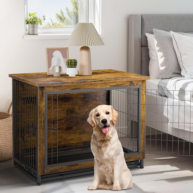 JY QAQA Dog Crate Furniture, Wooden Dog Crate Table, Dog's Furniture with Double-Doors, Indoor Dog Kennel, Dog Cage/Brown/XL