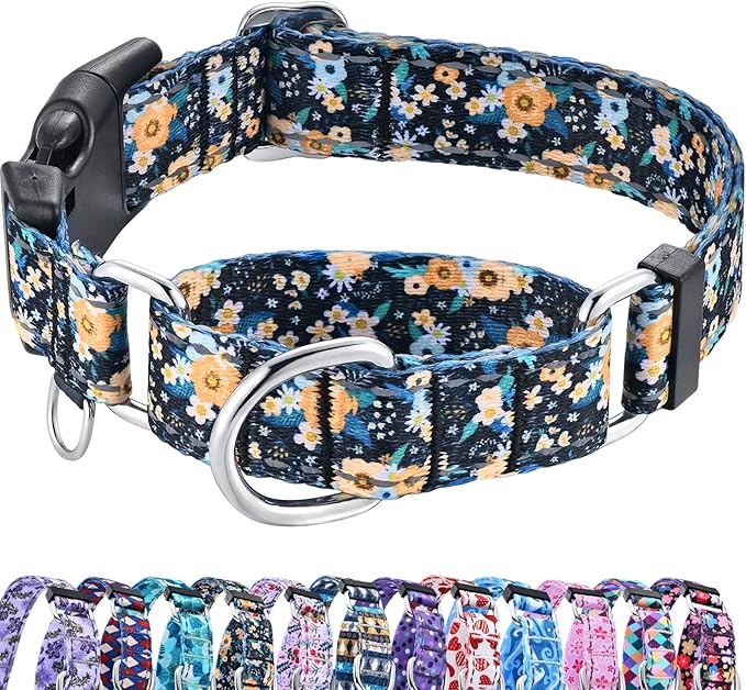 Reflective Martingale Dog Collar with Buckle Soft Nylon Floral No Slip Dog Collars for Puppy Dogs (Black Orange Flowers, XS)
