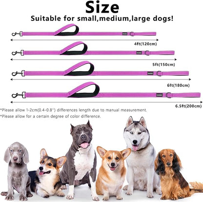 Dog Leash 4ft Long, Double Handle Dog Leash for Safety Control Training, Heavy Duty Dog Leads with Traffic Padded Handles, Reflective Leashes for Small Medium Large Dogs(4ft, Rosered)