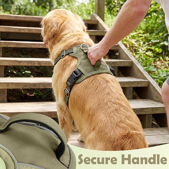 Funfox Dog Harness No Pull, Adjustable Pet Vest Harness, Super Soft Material with Vertical Handle Easy Control, Reflective Night Walking, 2 Leash Clips for XLarge Dogs, Army Green, XL