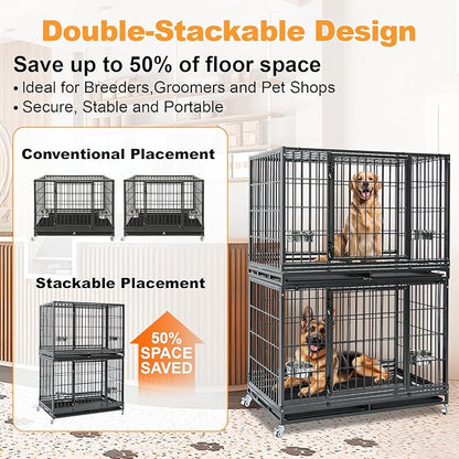 Homey Pet Large Dog Crates for Large Dogs, 47 Inch Heavy Duty Stackable Dog Cage with 2 Bowls, 4 Wheels, Double Removable Trays and Grids, Escape Proof Metal Wire Dogs Kennel Indoor