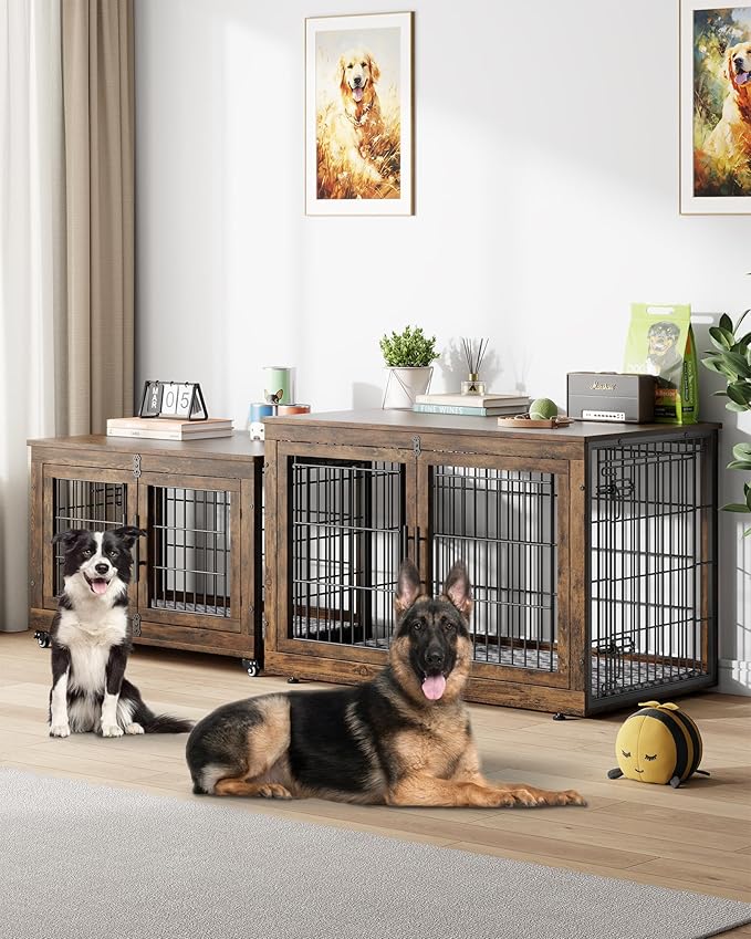 YaFiti Dog Crate Furniture with Cushion, Wooden Dog Kennel Indoor with Double Doors, Dog Cage with Wheels, Dog House Side End Table for Large Dogs up to 85 lb, 44" L, Rustic Brown