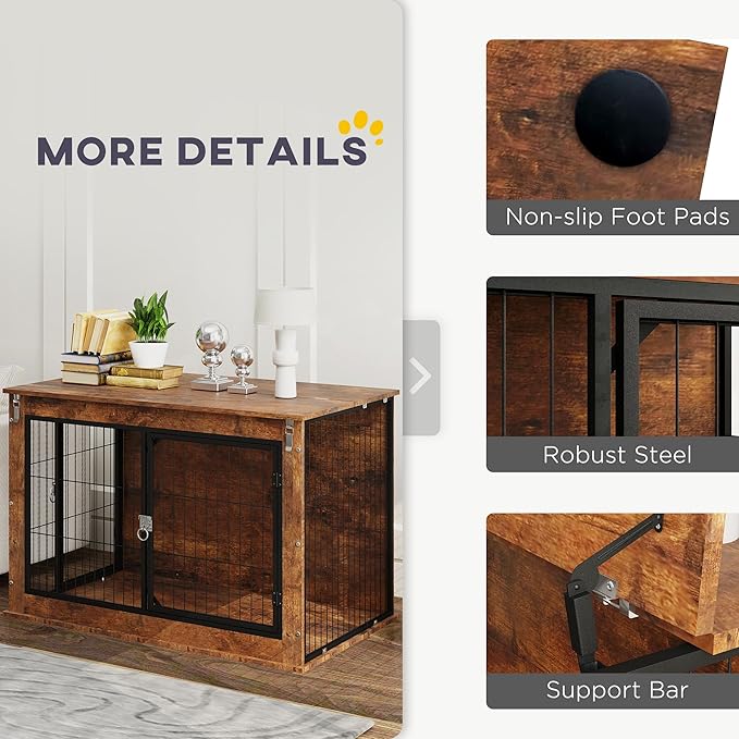 PawHut 39" Dog Crate Furniture with Flip-up Top Opening, Decorative Dog Kennel Furniture Side Table with 2 Doors for Large Breeds, Rustic Brown
