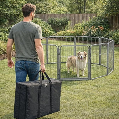Dog Playpen w/Carrying Case for Indoor or Outdoor Use – 24 Inch, 8 Grey Panels - Portable Metal Exercise Pen for Small Dogs & Puppies - Pet Fence Kennel Crate for House, RV, or Travel