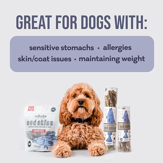 Polkadog Cod Skins for Dogs (12oz Shortie) - Single Ingredient, Wild-Caught Fish Skin Natural Dog Treat Chews. High in Lean Protein & Omega 3. Hypoallergenic, Grain Free. Handcrafted & Made in USA