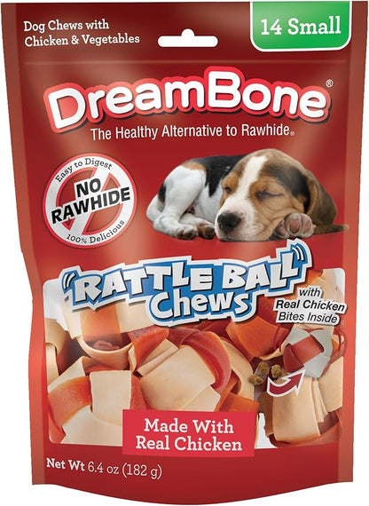 DreamBone RattleBall Small Chews 14 Count, Rawhide-Free Chews For Dogs, With Real Chicken Treats Inside