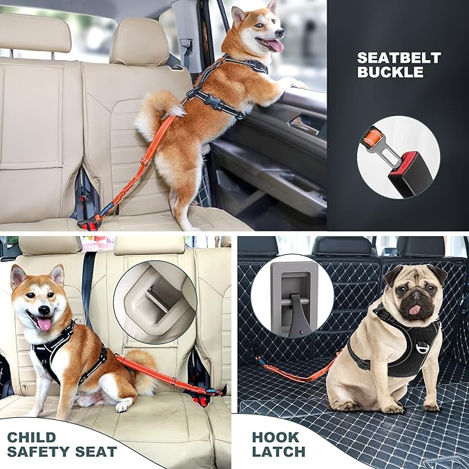 Dog Seat Belt 3-in-1 Car Harness for Dogs Adjustable Safety Seatbelt for Car Nylon Reflective Bungee Fabric Dog Car Harness with Clip Hook Latch & Buckle, Swivel Zinc Alloy Carabiner (Orange)