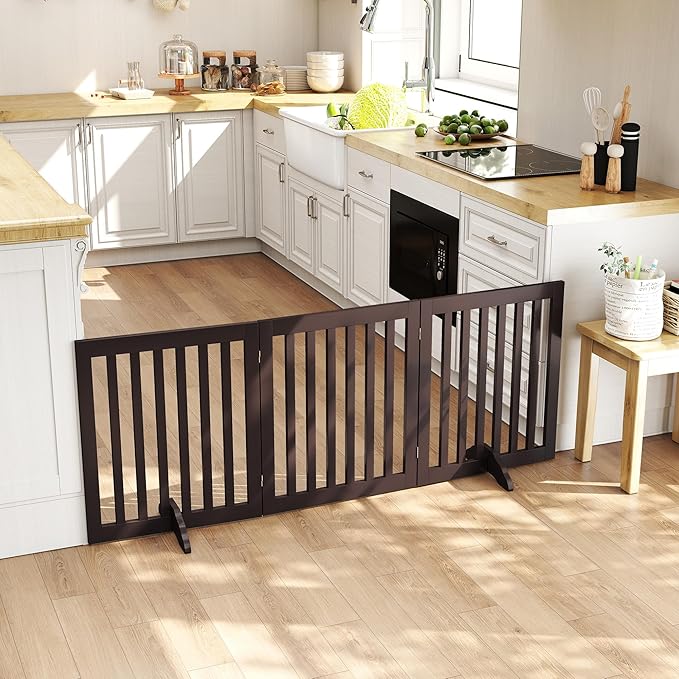 PUPETPO 24”H Freestanding Wooden Pet Gate, Dog Gate for Stairs, Doorways, and Hallways, Step Over Foldable Pet Fence for Indoor Use, Support Feet Included, 60 inch Wide 3 Panels, Espresso