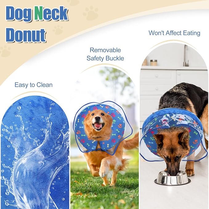Inflatable Collar After Surgery, Adjustable Cute Calming Puppy Collar with Soft Padding, Pet Prevent Scratches Anti Licking Collar for Small Medium Large Dogs (Blue, M)