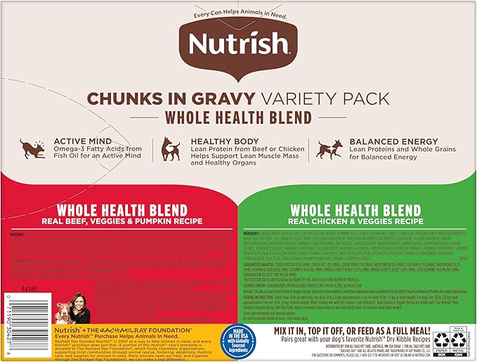 Nutrish Whole Health Blend Chunks in Gravy Variety Pack Wet Dog Food, 13 oz. Can, 12 Count (Rachael Ray)