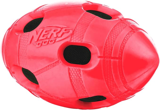 Nerf Dog Rubber Football Dog Toy with Interactive Squeaker and Crunch, Lightweight, Durable and Water Resistant, 6 Inch Diameter for Medium/Large Breeds, Single Unit, Red