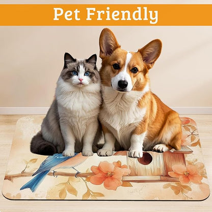 Dog Bowl Mat,Blue Bird Pet Feeding Mat for Floors Waterproof,Fall Leaves Absorbent Dogs Placemat for Food and Water Quick Dry Pet Cat Feeding Mats with Non Slip Bottom 16" x 24"