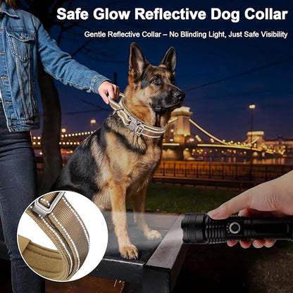 KCUCOP Tactical Dog Collar for Medium & Large Dogs - Military Nylon Heavy Duty Collar with Handle, Reflective Strip & Metal Buckle for Training, Outdoor (Brown Reflective, Large)