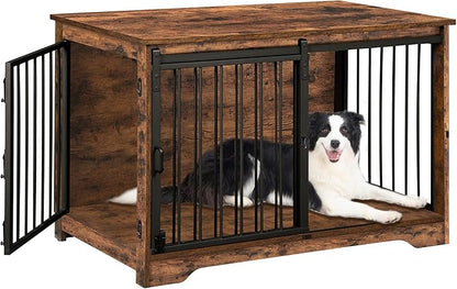 Hzuaneri 39.3" Dog Crate Furniture with Barn Door, Heavy Duty Dog Kennel Indoor with 2 Doors, Wooden Pet Cage End Table for Large Small Medium Dogs, Anti-Chew Anti-Escape, Rustic Brown DFC02301B