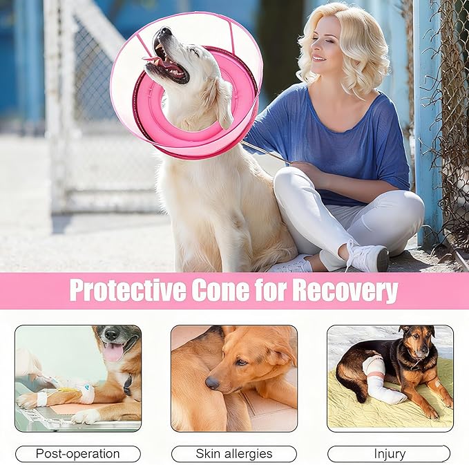 2-in-1 Soft Inflatable Dog Cone Collar Alternative with Enhanced Anti-Licking Guard Shield, Dog Collar After Surgery, Adjustable Recovery Cones for Large Medium Small Dogs and Cats (Pink, M)