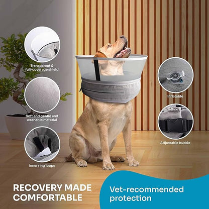 Dog Inflatable Neck Collar - Inflatable E Collar for Dogs - Comfortable Elizabethan Cone with Detachable Anti-Licking Shield - Dog Donut Cone - Doughnut for Dogs After Surgery (Grey, M+)