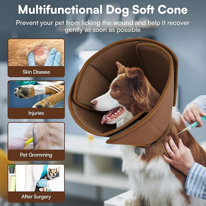 Queenmore Soft Dog Cone Collar,Comfortable Cones for Small Dogs/Cat to Stop Licking After Surgery, Comfy Elizabethan Collars, Neuter Recovery Ecollars of Shame Alternatives,Coffee,M