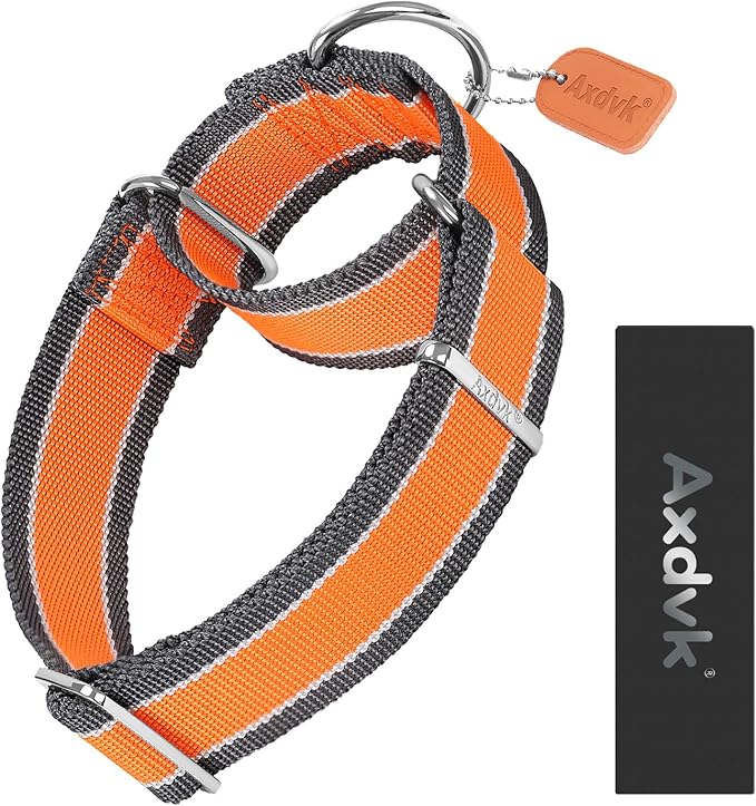 Martingale Collar 1.5 Inch Wide 1600D Extra Strong Anti Escape Nylon Dog Collar, No Pull Heavy Duty Pet Collars with 3-Color Stripe for Medium Dogs (M, Orange & Gray)
