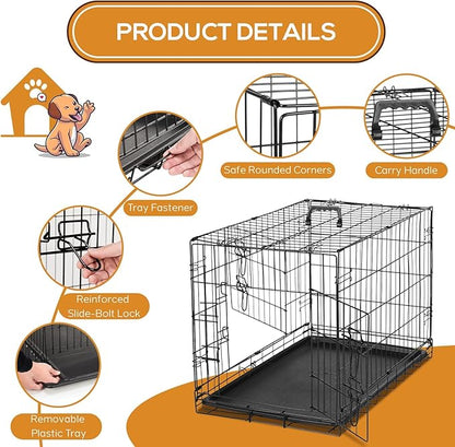 Dog Crate - 42 Inch Large Double Door Portable Dog Cage, Metal Wire Pet Kennel with Secure Lock, Leak-Proof Pan Tray, Foldable Design for Dogs Pets Indoor Training and Outdoor Trave