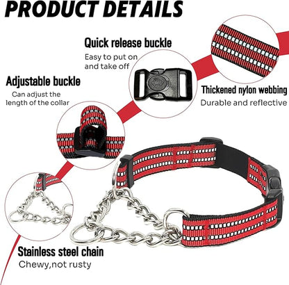 Martingale Dog Collars, Reflective Nylon Collar with Stainless Steel Chain, Adjustable Walking Training Dog Collars with Quick Release Buckle, Suitable for Small Medium Large Dogs(Red,XL)