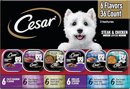 Cesar Wet Dog Food Steak and Chicken Lovers Variety Pack, Adult, Wet Food for Dogs with Real Beef or Chicken, 3.5 oz Easy Peel Trays, 36 Count