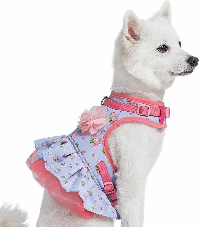 Blueberry Pet Soft & Comfy Floral No Pull Dog Harness Dress, Small Dog Harness, X-Small, Adjustable, Lightweight, Pastel Blue