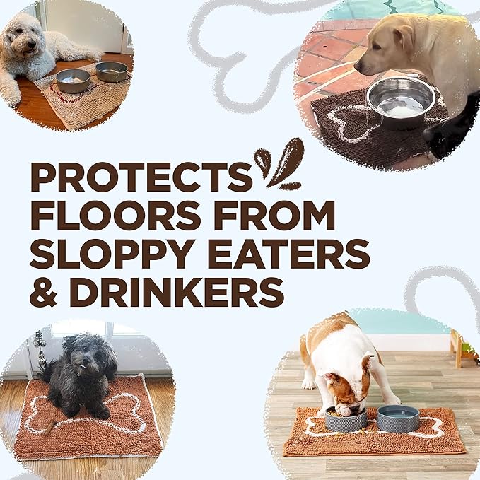 Soggy Doggy Slopmat Dog Food Mat – Absorbent Microfiber Chenille Pet Feeding Mat for Food & Water Bowls, Muddy Paws Small Doormat, Non-Slip, Machine Washable Rug – Chocolate/Oatmeal Bone, 18” x 24”