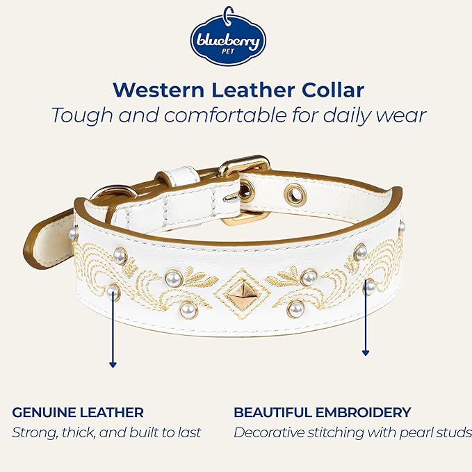 Blueberry Pet Western Genuine Leather Dog Collar for Small Breeds, Pearl White - Floral Embroidery, Pearl Studs, Adjustable 12-15 Inch Neck