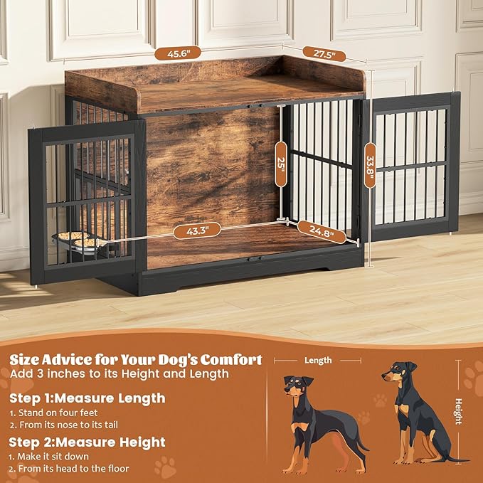 VOPEAK 46" Rustic Dog Crate Furniture, Heavy Duty Dog Cage for Medium Large Dogs, Dog Crate Dog Kennel Indoor with Removable Trays, Chew Resistant Crate for Bedroom Living Room, Rustic Brown