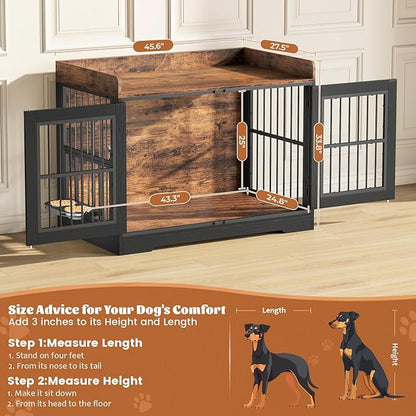 VOPEAK 46" Rustic Dog Crate Furniture, Heavy Duty Dog Cage for Medium Large Dogs, Dog Crate Dog Kennel Indoor with Removable Trays, Chew Resistant Crate for Bedroom Living Room, Rustic Brown