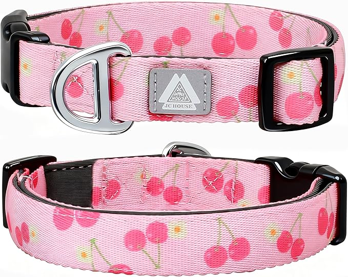 Girl Dog Collar, Pink Cute Cherry Print Reflective Padded Collar with Soft Neoprene, Adjustable Lightweight Pet Collar for Small Dogs, Puppies,Neck Size 9’’-14’’ (Cherry, S)