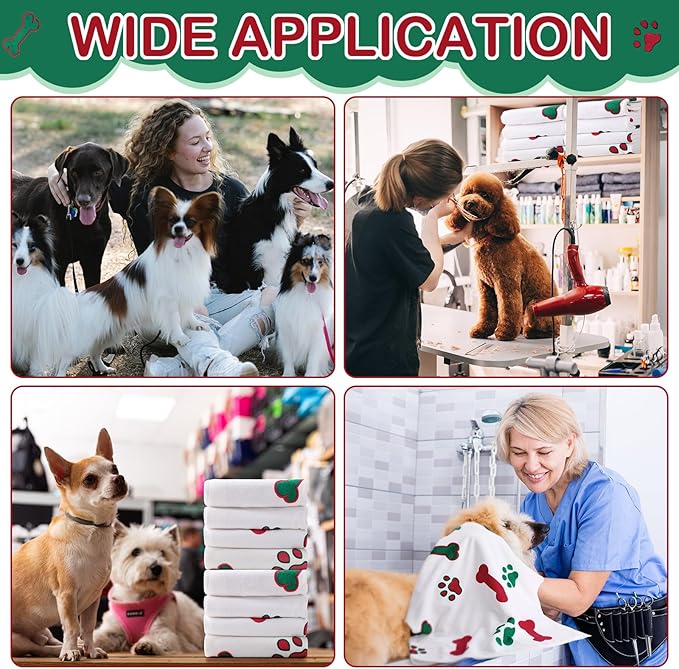 Chumia 8 Pcs Dog Towels for Drying Dogs Cats Pet Towels Bulk Puppy Microfiber Fast Drying Paw Bath Bathing Supplies Absorbent for Medium Pets(40 x 24 Inch,Dog Paw and Bone,Red Green)