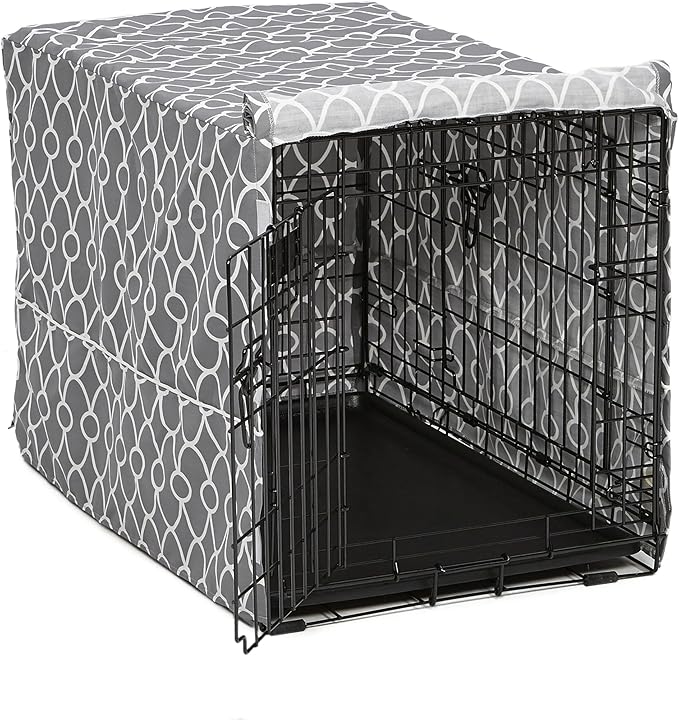 MidWest Homes for Pets Medium Dog Crate Cover with Teflon Fabric Protector, Poly-Cotton Privacy Kennel Cover Fits Most 30-inch Crates, Gray Designer Print, Washable, Reduces Barking