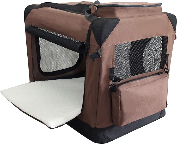 EliteField 3-Door Folding Soft Dog Crate with Carrying Bag and Fleece Bed (2 Year Warranty), Indoor & Outdoor Pet Home (36" L x 24" W x 28" H, Brown)