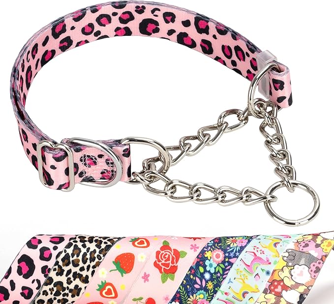 Pink Leopard Martingale Dog Collar - No-Pull Training Collar with Chain, Soft & Durable Design for Medium, Large & XL Dogs (Large Pink Leopard)