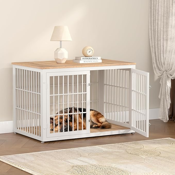 rehomerance 48 Inch Heavy Duty Dog Crate Furniture for Large Dogs, Decorative Pet House End Table, Extra Large Wooden Cage Kennel Furniture Indoor, Natural and White
