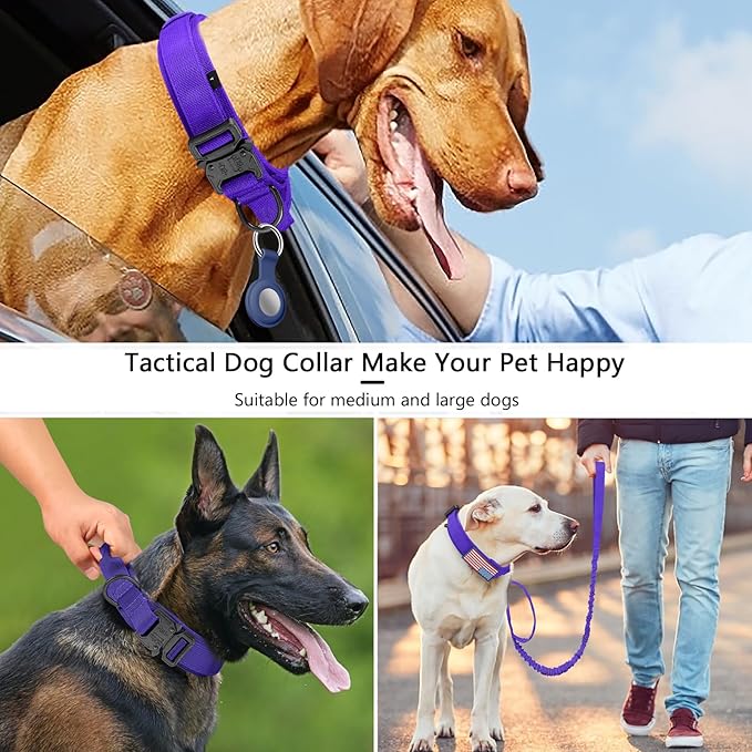 DAGANXI Tactical Dog Collar, Adjustable Military Training Nylon Dog Collar with Control Handle and Heavy Metal Buckle for Medium and Large Dogs, with Patches and Airtags Case (Purple-Set, XL)