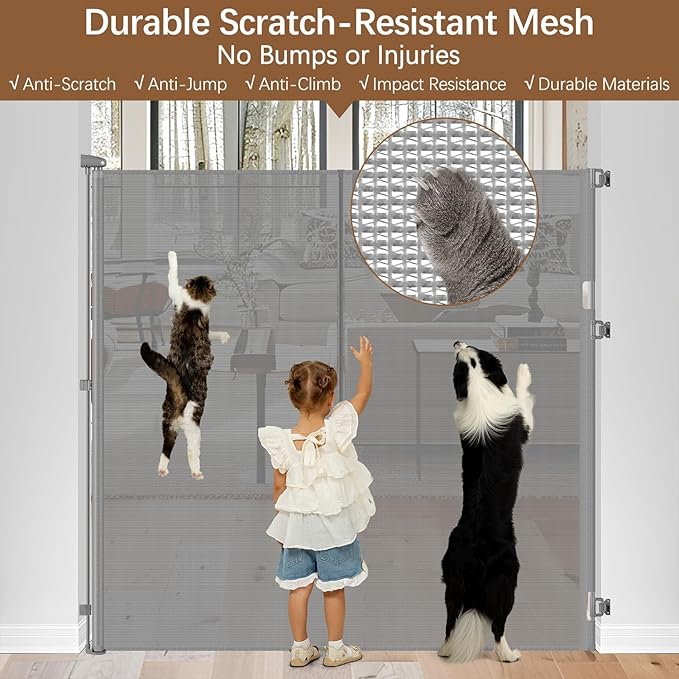 Reinforced 55" Extra Tall Dog Gates Indoor Cat Gate for Hallway - Prevents Jumping & Crawling Through, 55" Wide Retractable Gate, Mesh Pet Gates for Doorways Extra Tall Baby Gate for Cats, Gray