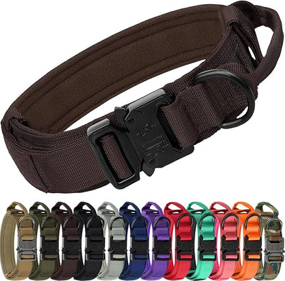 Joytale Tactical Dog Collar with Handle and Metal Buckle, Heavy Duty Padded Military Collar with 2 Patches for Training, Adjustable for Medium Dogs, Brown, M
