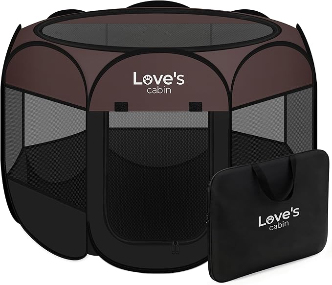 Love's cabin Pet Puppy Dog Playpen, Large Dog Tent Crates Cage Indoor/Outdoor, Portable Playpen for Cat, Foldable Pop Up Dog Kennel Playpen with Carring Case, Removable Zipper Top, Brown