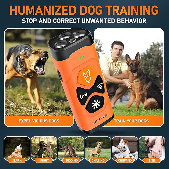 Dog Bark Deterrent Devices 3X Ultrasonic Anti Barking Device with 6 Training Modes 35FT Range Rechargeable & Humane Bark Control for Own or Neighbor’s Dog Indoor & Outdoor Use (Orange)